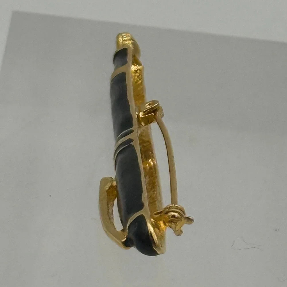 Vintage Black Enamel Fountain Pen Brooch Gold Tone Rhinestone Nib Writer Gift - Picture 3 of 4